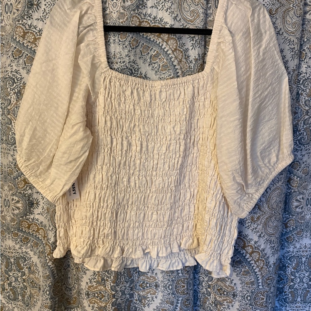Smocked Square-Neck Puff Sleeve Top - White